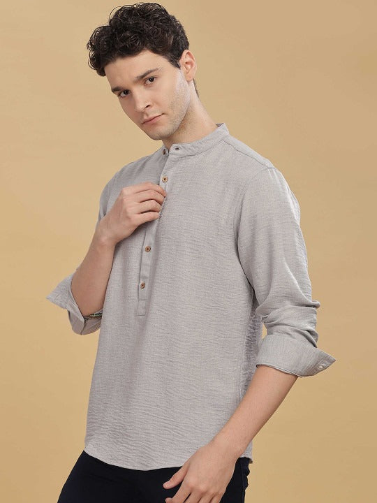 Men’s Light Grey Mandarin Collar Kurta Shirt – Solid Full Sleeve Casual Ethnic Wear