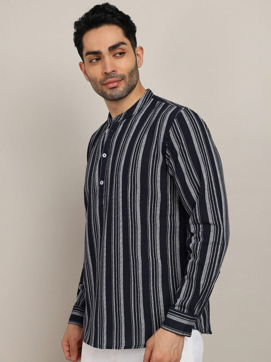 Bramile Men’s Navy Blue Striped Mandarin Collar Full Sleeve Kurta Shirt