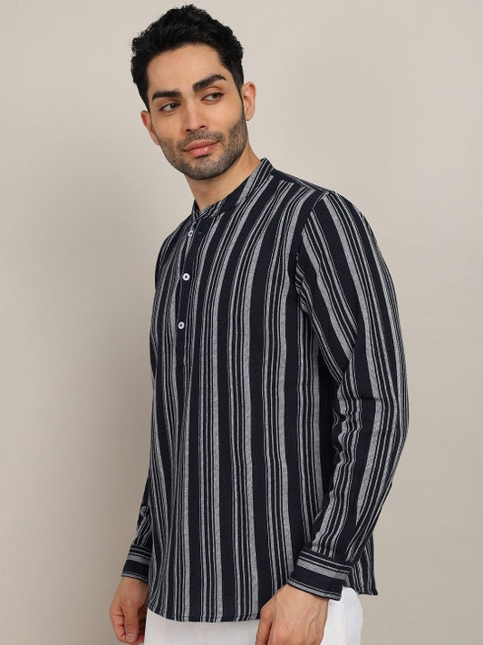 Bramile Men’s Navy Blue Striped Mandarin Collar Full Sleeve Kurta Shirt