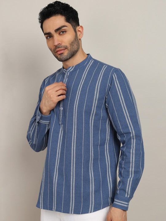 Bramile Men’s Blue Striped Mandarin Collar Full Sleeve Kurta Shirt