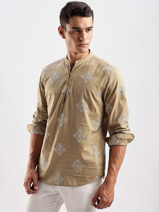 Bramile Men’s Beige Printed Mandarin Collar Casual Kurta Shirt – Full Sleeve Ethnic Wear