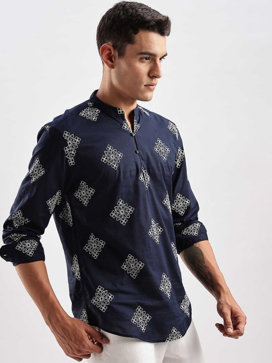 Bramile Men’s Navy Blue Printed Mandarin Collar Casual Kurta Shirt – Full Sleeve Ethnic Wear
