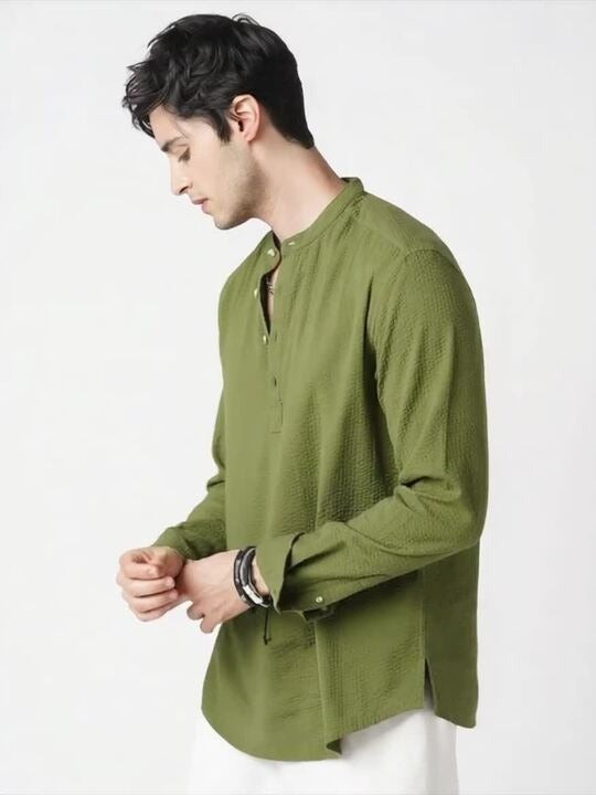 Men’s Olive Green Textured Kurta Shirt – Mandarin Collar Casual Ethnic Wear