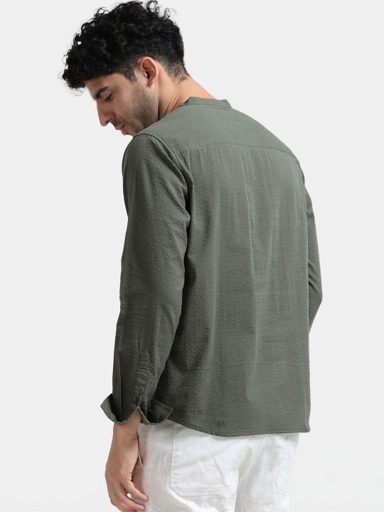 Men’s Dark Olive Textured Kurta Shirt – Mandarin Collar Full Sleeve Ethnic Wear