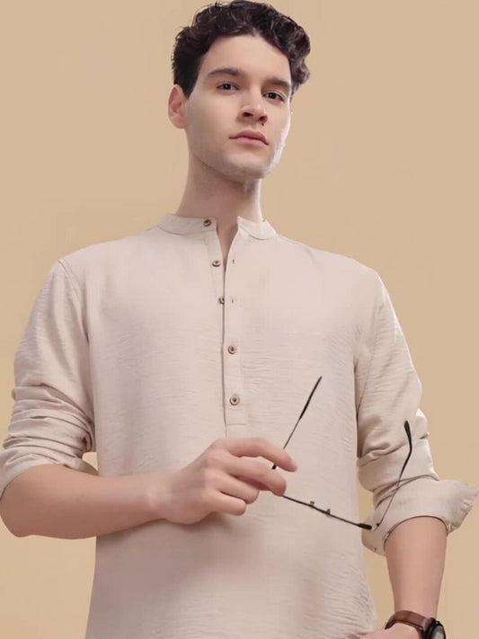Men’s Beige Mandarin Collar Kurta Shirt – Solid Full Sleeve Casual Ethnic Wear