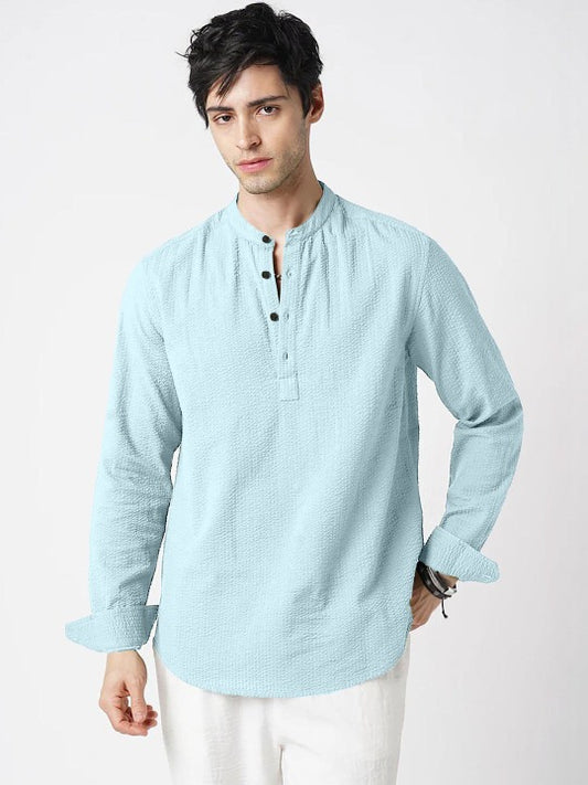 Bramile Men’s Sky Blue Textured Mandarin Collar Full Sleeve Kurta Shirt