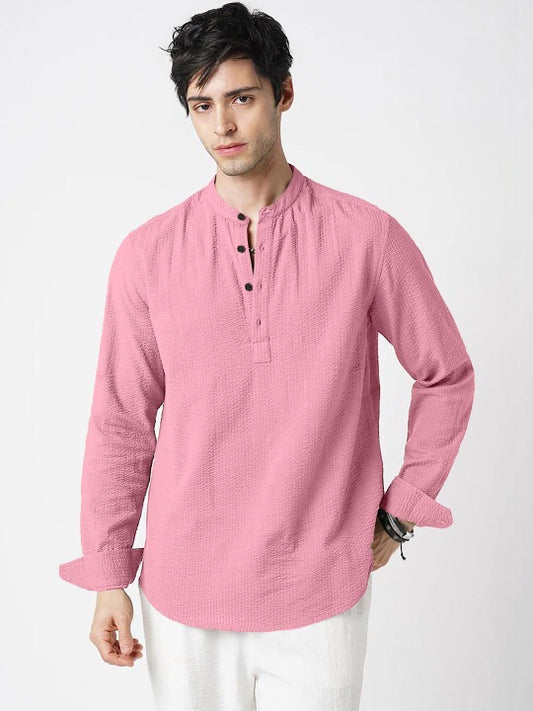 Bramile Men’s Pink Textured Mandarin Collar Full Sleeve Kurta Shirt