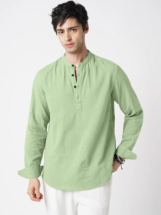 Bramile Men’s Mint Green Textured Mandarin Collar Full Sleeve Kurta Shirt