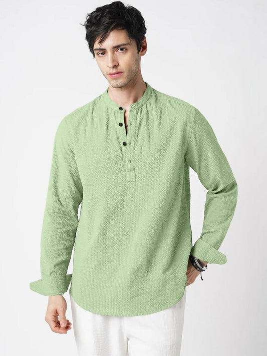Bramile Men’s Mint Green Textured Mandarin Collar Full Sleeve Kurta Shirt
