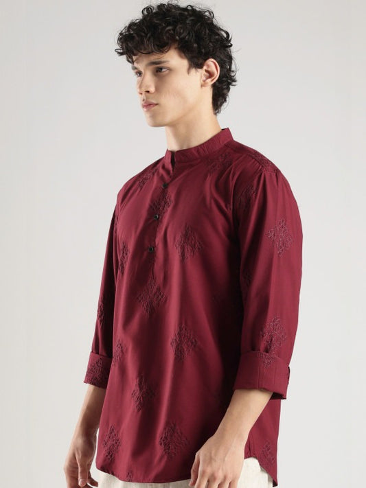 Bramile Men’s Maroon Embroidered Mandarin Collar Casual Kurta Shirt – Full Sleeve Ethnic Wear