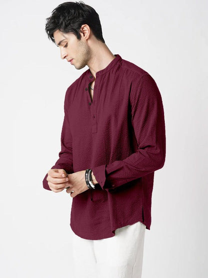 Bramile Men’s Maroon Textured Mandarin Collar Full Sleeve Kurta Shirt