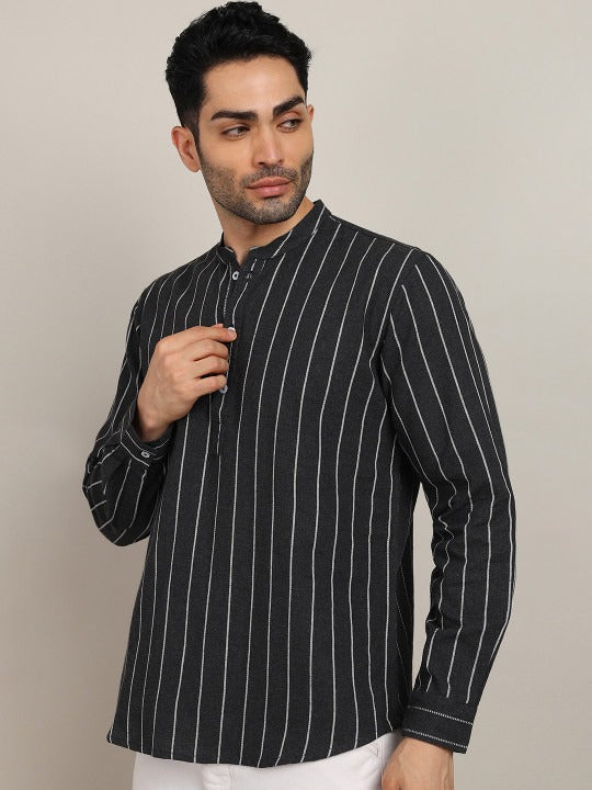 Bramile Men’s Black Striped Mandarin Collar Full Sleeve Kurta Shirt