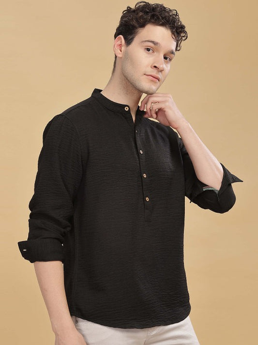 Men’s Black Mandarin Collar Kurta Shirt – Solid Full Sleeve Casual Ethnic Wear