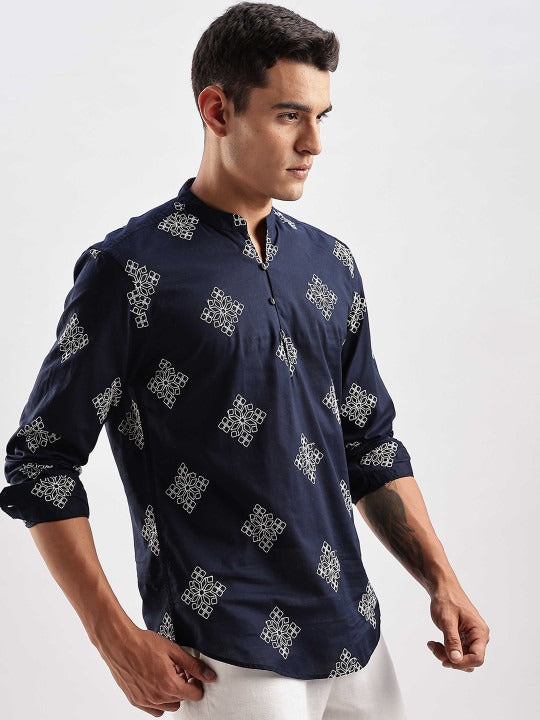 Bramile Men’s Navy Blue Printed Mandarin Collar Casual Kurta Shirt – Full Sleeve Ethnic Wear
