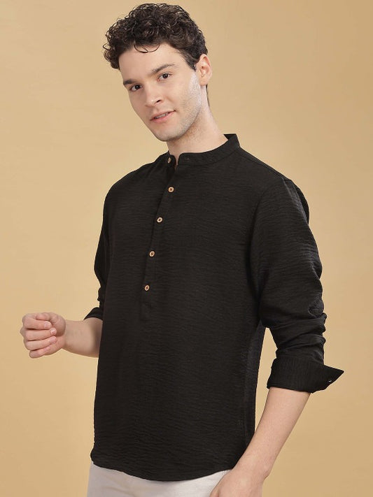 Men’s Black Mandarin Collar Kurta Shirt – Solid Full Sleeve Casual Ethnic Wear