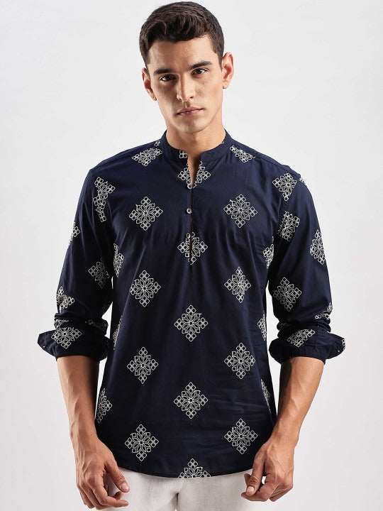 Bramile Men’s Navy Blue Printed Mandarin Collar Casual Kurta Shirt – Full Sleeve Ethnic Wear