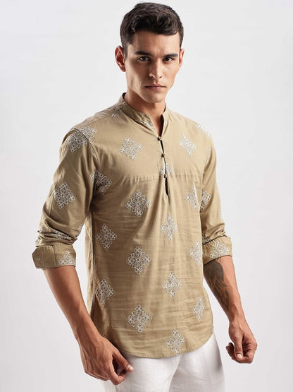 Bramile Men’s Beige Printed Mandarin Collar Casual Kurta Shirt – Full Sleeve Ethnic Wear