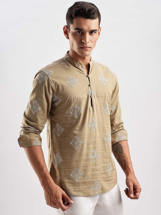 Bramile Men’s Beige Printed Mandarin Collar Casual Kurta Shirt – Full Sleeve Ethnic Wear