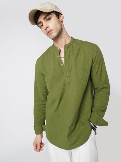 Men’s Olive Green Textured Kurta Shirt – Mandarin Collar Casual Ethnic Wear