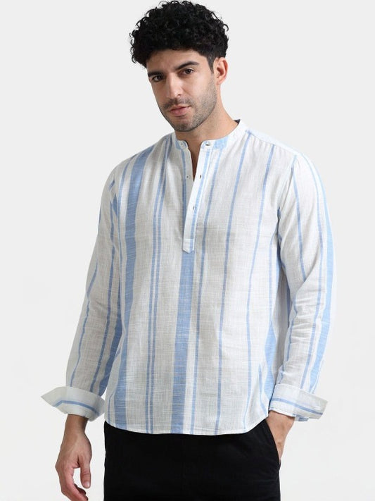 Men’s Blue & White Striped Cotton Kurta Shirt – Mandarin Collar Casual Ethnic Wear