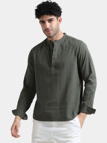 Men’s Dark Olive Textured Kurta Shirt – Mandarin Collar Full Sleeve Ethnic Wear