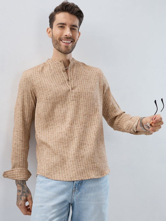 Men’s Beige Striped Kurta Shirt – Textured Mandarin Collar Casual Ethnic Wear