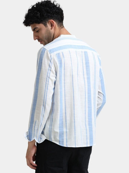 Men’s Blue & White Striped Cotton Kurta Shirt – Mandarin Collar Casual Ethnic Wear