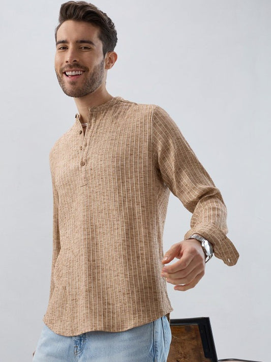 Men’s Beige Striped Kurta Shirt – Textured Mandarin Collar Casual Ethnic Wear