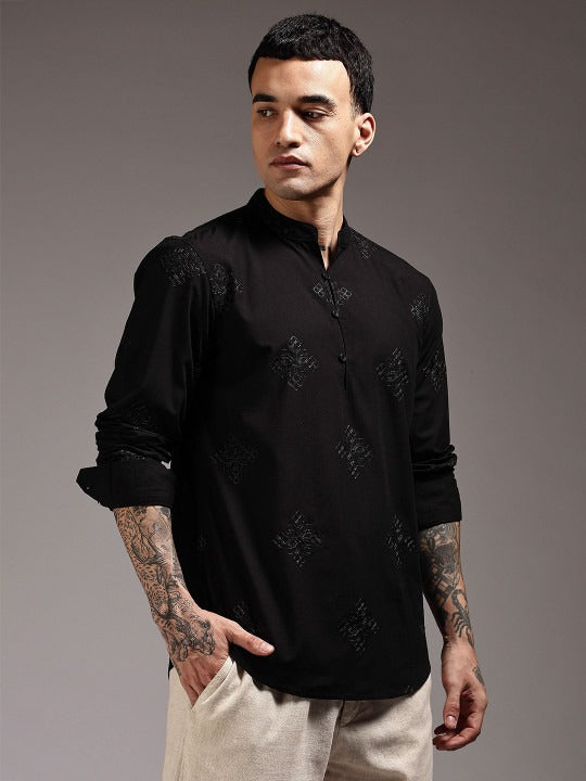 Bramile Men’s Black Embroidered Mandarin Collar Full Sleeve Kurta Shirt