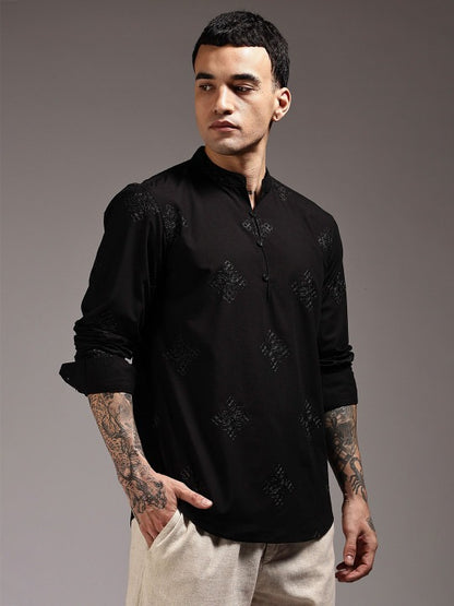 Bramile Men’s Black Embroidered Mandarin Collar Full Sleeve Kurta Shirt