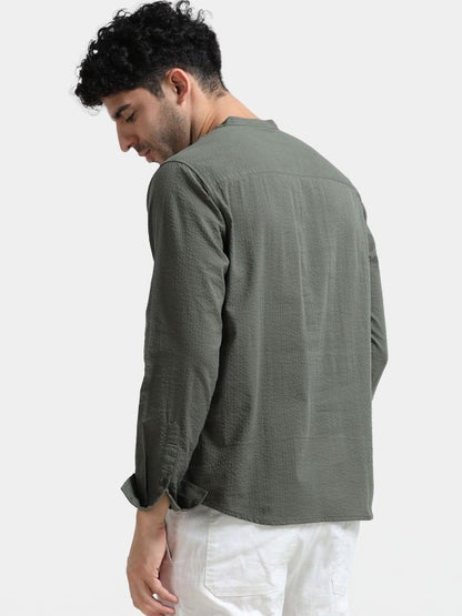 Men’s Dark Olive Textured Kurta Shirt – Mandarin Collar Full Sleeve Ethnic Wear
