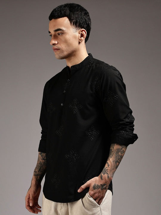 Bramile Men’s Black Embroidered Mandarin Collar Full Sleeve Kurta Shirt