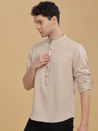 Men’s Beige Mandarin Collar Kurta Shirt – Solid Full Sleeve Casual Ethnic Wear