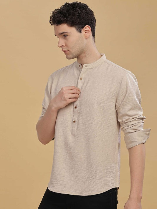 Men’s Beige Mandarin Collar Kurta Shirt – Solid Full Sleeve Casual Ethnic Wear