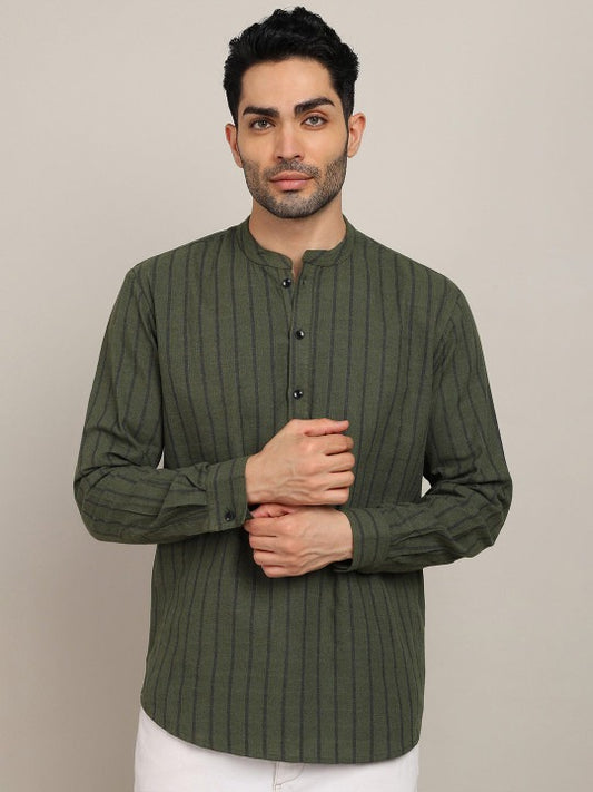 Bramile Men’s Olive Green Striped Mandarin Collar Cotton Blend Kurta Shirt