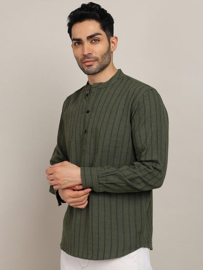 Bramile Men’s Olive Green Striped Mandarin Collar Cotton Blend Kurta Shirt