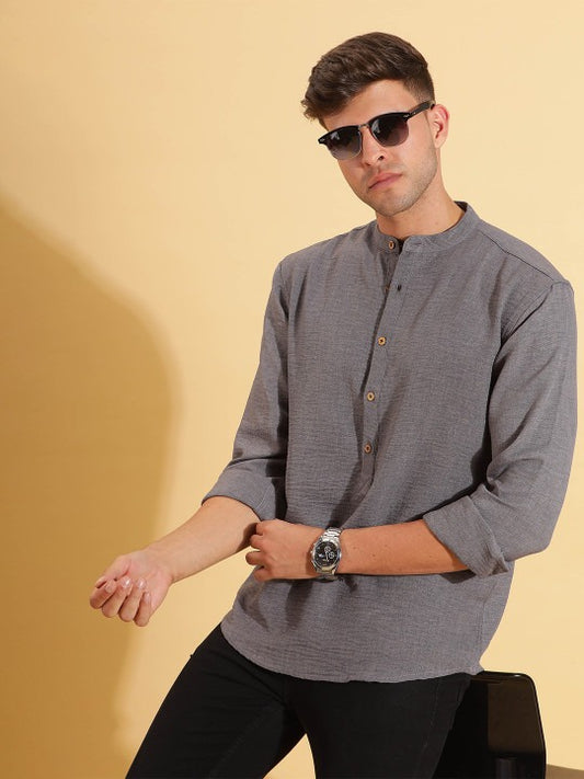 Men’s Grey Mandarin Collar Kurta Shirt – Textured Full Sleeve Casual Ethnic Wear
