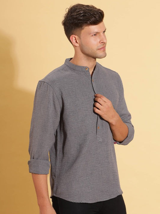 Men’s Grey Mandarin Collar Kurta Shirt – Textured Full Sleeve Casual Ethnic Wear