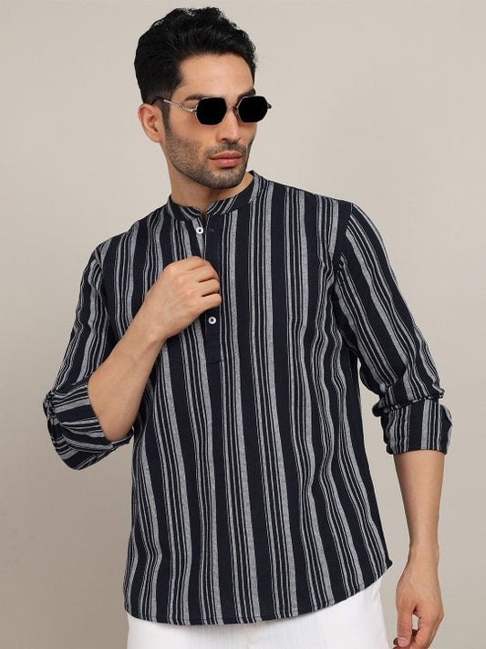 Bramile Men’s Navy Blue Striped Mandarin Collar Full Sleeve Kurta Shirt
