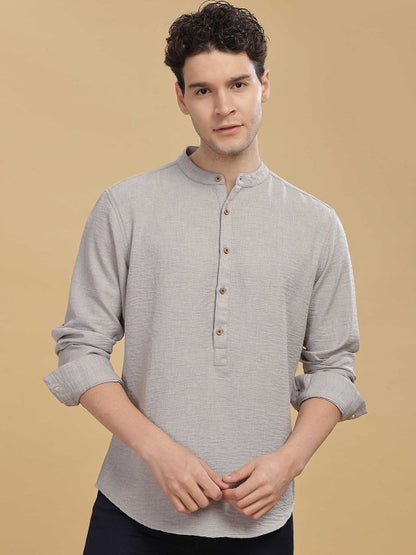Men’s Light Grey Mandarin Collar Kurta Shirt – Solid Full Sleeve Casual Ethnic Wear