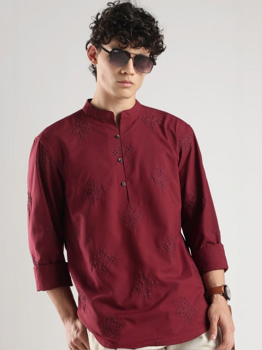 Bramile Men’s Maroon Embroidered Mandarin Collar Casual Kurta Shirt – Full Sleeve Ethnic Wear