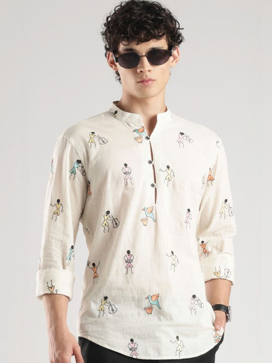 Bramile Men’s Printed Mandarin Collar Cotton Blend Casual Kurta Shirt – Full Sleeve Ethnic Wear