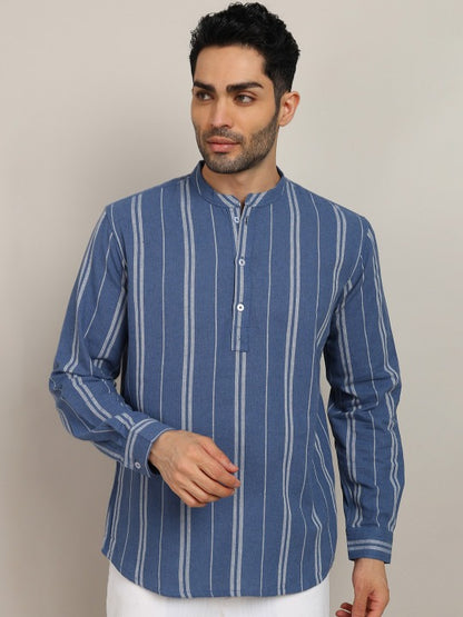 Bramile Men’s Blue Striped Mandarin Collar Full Sleeve Kurta Shirt