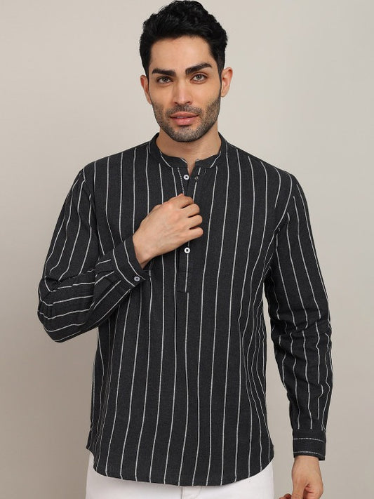 Bramile Men’s Black Striped Mandarin Collar Full Sleeve Kurta Shirt