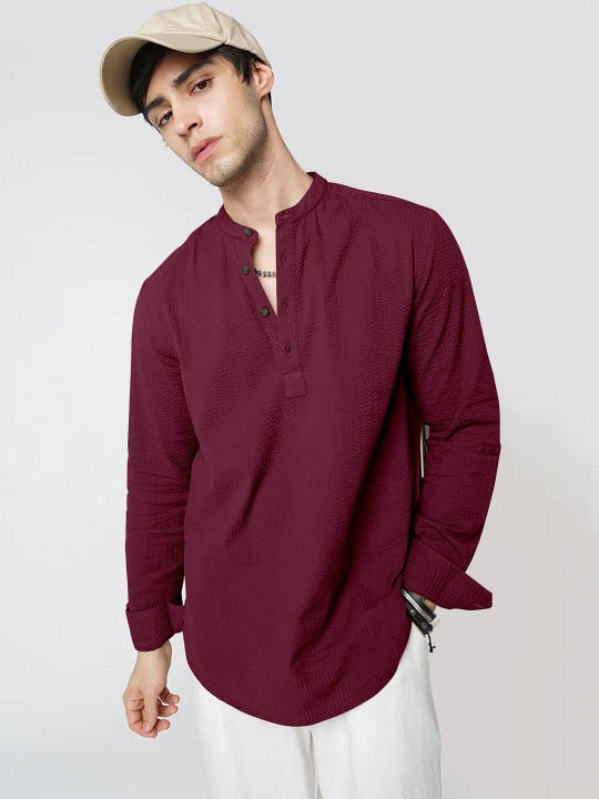 Bramile Men’s Maroon Textured Mandarin Collar Full Sleeve Kurta Shirt