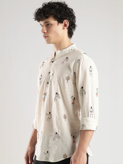 Bramile Men’s Printed Mandarin Collar Cotton Blend Casual Kurta Shirt – Full Sleeve Ethnic Wear
