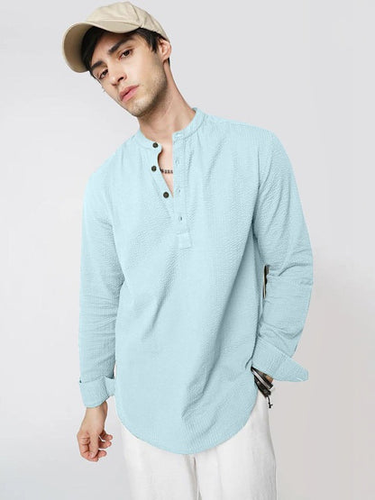 Bramile Men’s Sky Blue Textured Mandarin Collar Full Sleeve Kurta Shirt