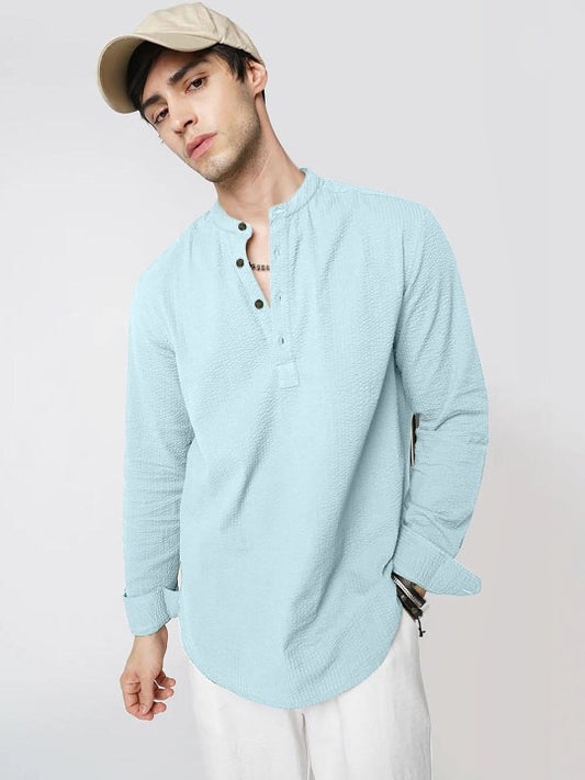 Bramile Men’s Sky Blue Textured Mandarin Collar Full Sleeve Kurta Shirt