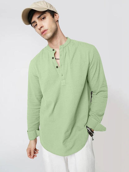 Bramile Men’s Mint Green Textured Mandarin Collar Full Sleeve Kurta Shirt