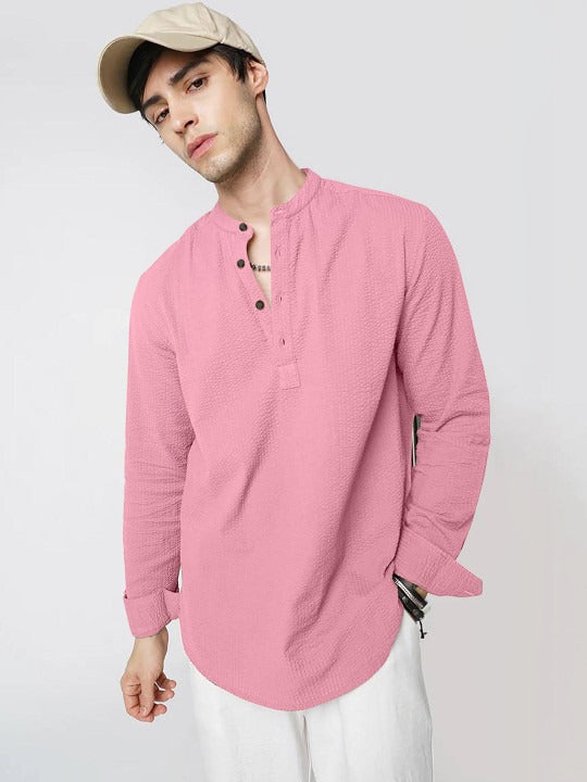 Bramile Men’s Pink Textured Mandarin Collar Full Sleeve Kurta Shirt